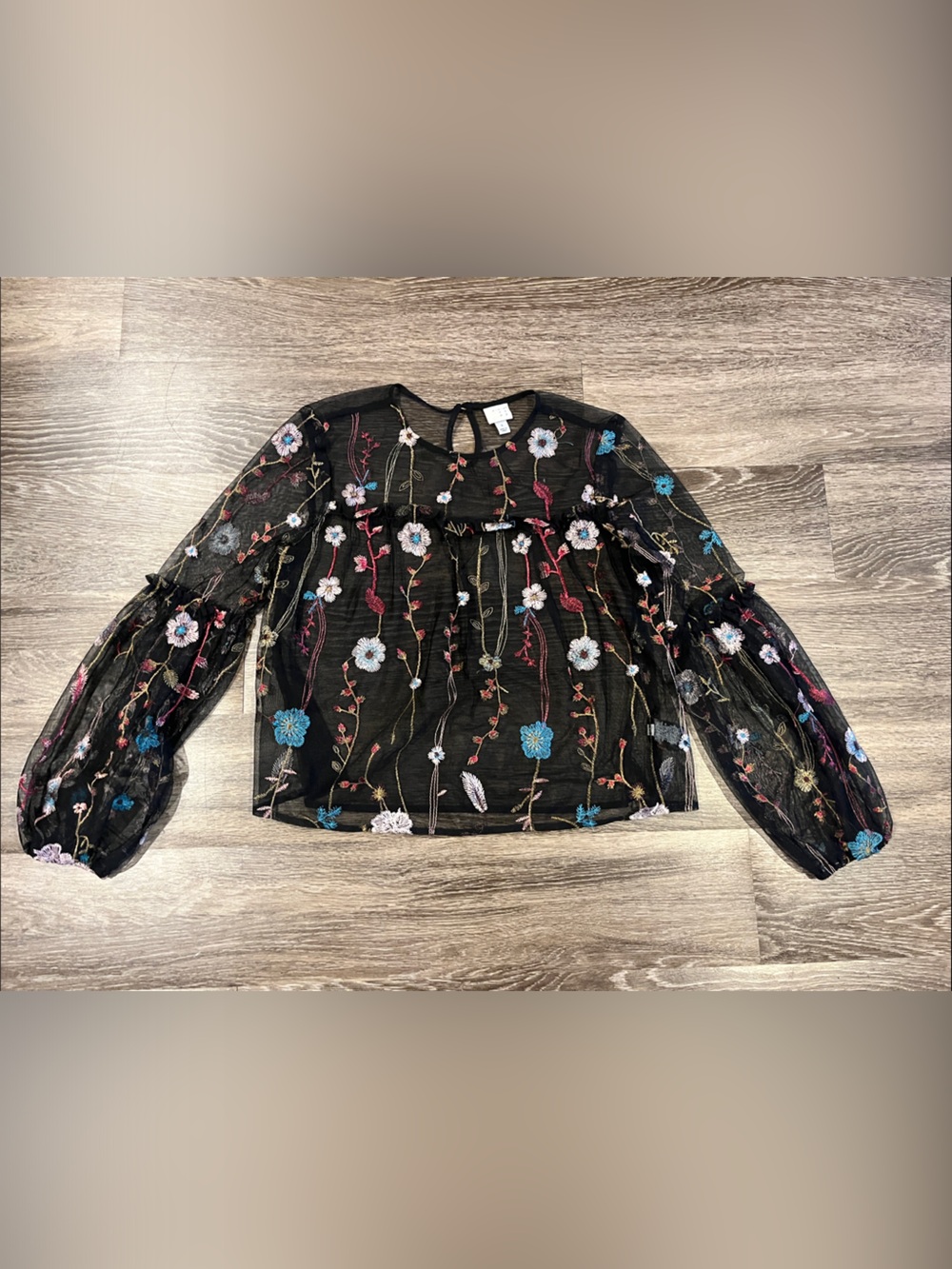 a new day Black Sheer Floral Embroidered Long-Sleeve Blouse